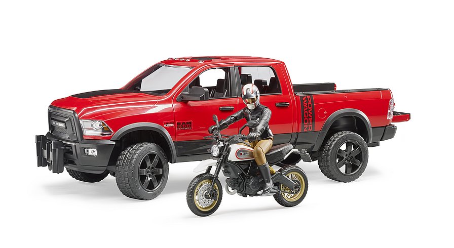 BRUDER - RAM PICK-UP RED WITH SCRAMBLER MOTORCYCLE D