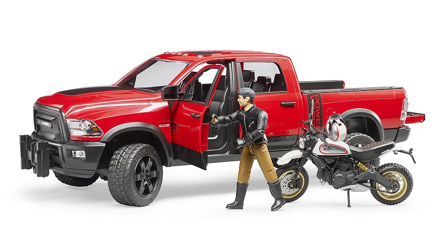 BRUDER - RAM PICK-UP RED WITH SCRAMBLER MOTORCYCLE D
