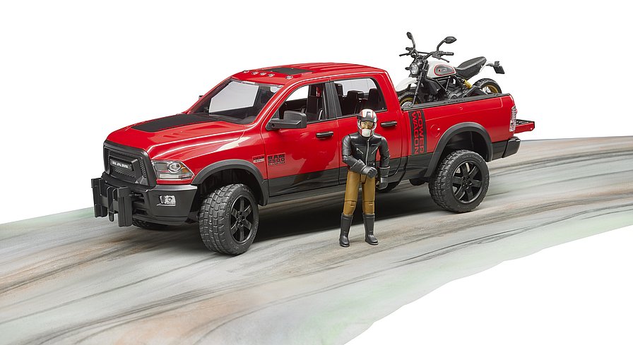 BRUDER - RAM PICK-UP RED WITH SCRAMBLER MOTORCYCLE D