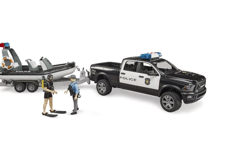 BRUDER - RAM 2500 POLICE PICK-UP WITH L + S MODULE, TRAILER, BOAT, POLICEWOMAN AND DIVER #02507