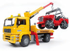 BRUDER - CAMION DE DÉPANNAGE MAN TGA JAUNE AVEC PORTIQUE ET JEEP ROUGE #02750
