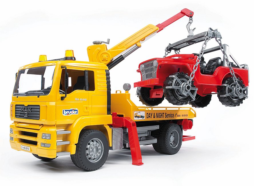 BRUDER - CAMION DE DÉPANNAGE MAN TGA JAUNE AVEC PORTIQUE ET JEEP ROUGE #02750