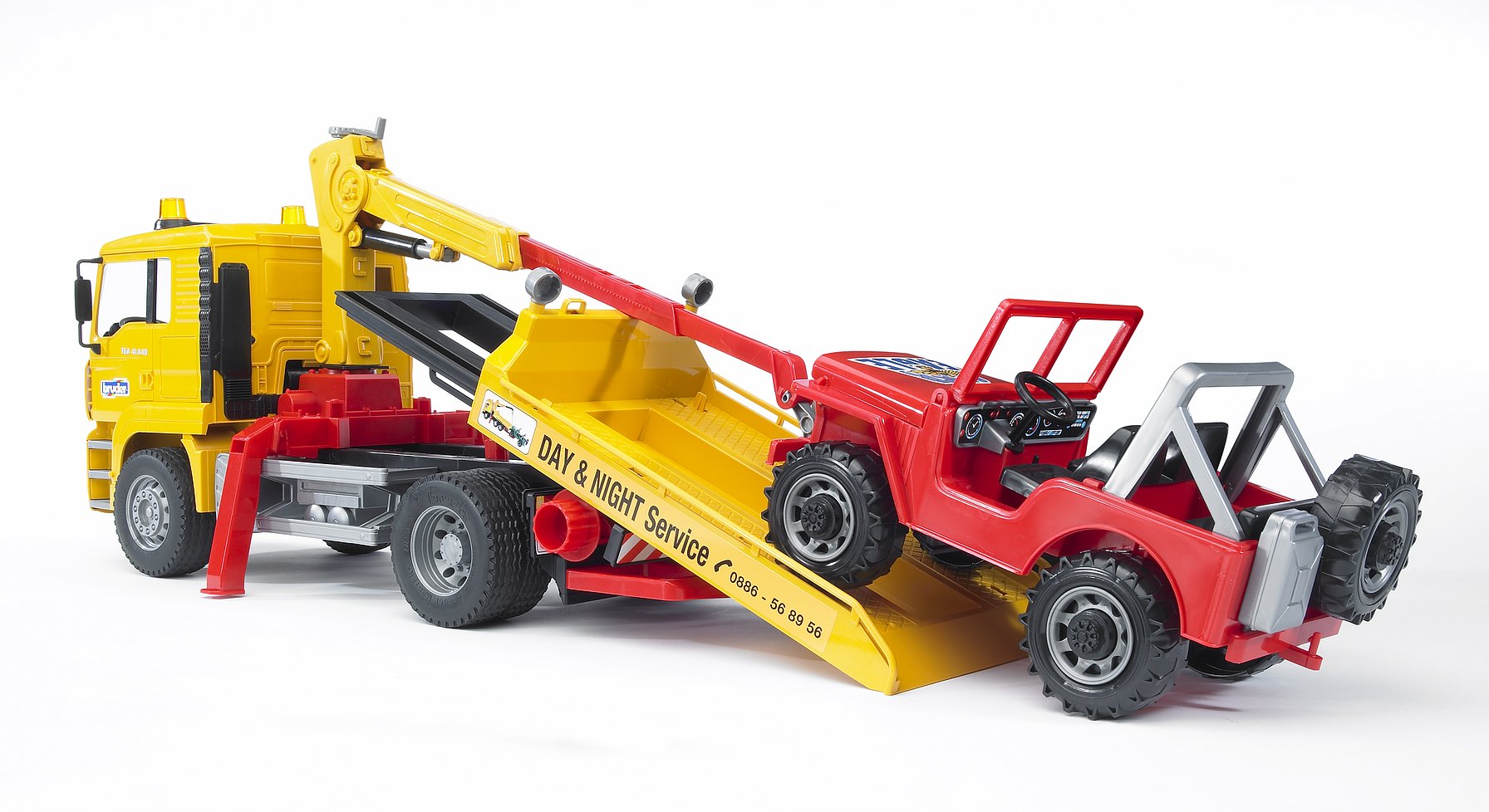 BRUDER - CAMION DE DÉPANNAGE MAN TGA JAUNE AVEC PORTIQUE ET JEEP ROUGE #02750