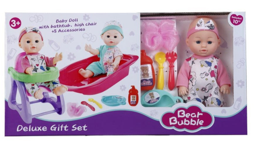 ENSEMBLE DE SOINS POUR POUPÉE DE 25 CM (10") AVEC BAIGNOIRE, CHAISE HAUTE ET 5 ACCESSOIRES