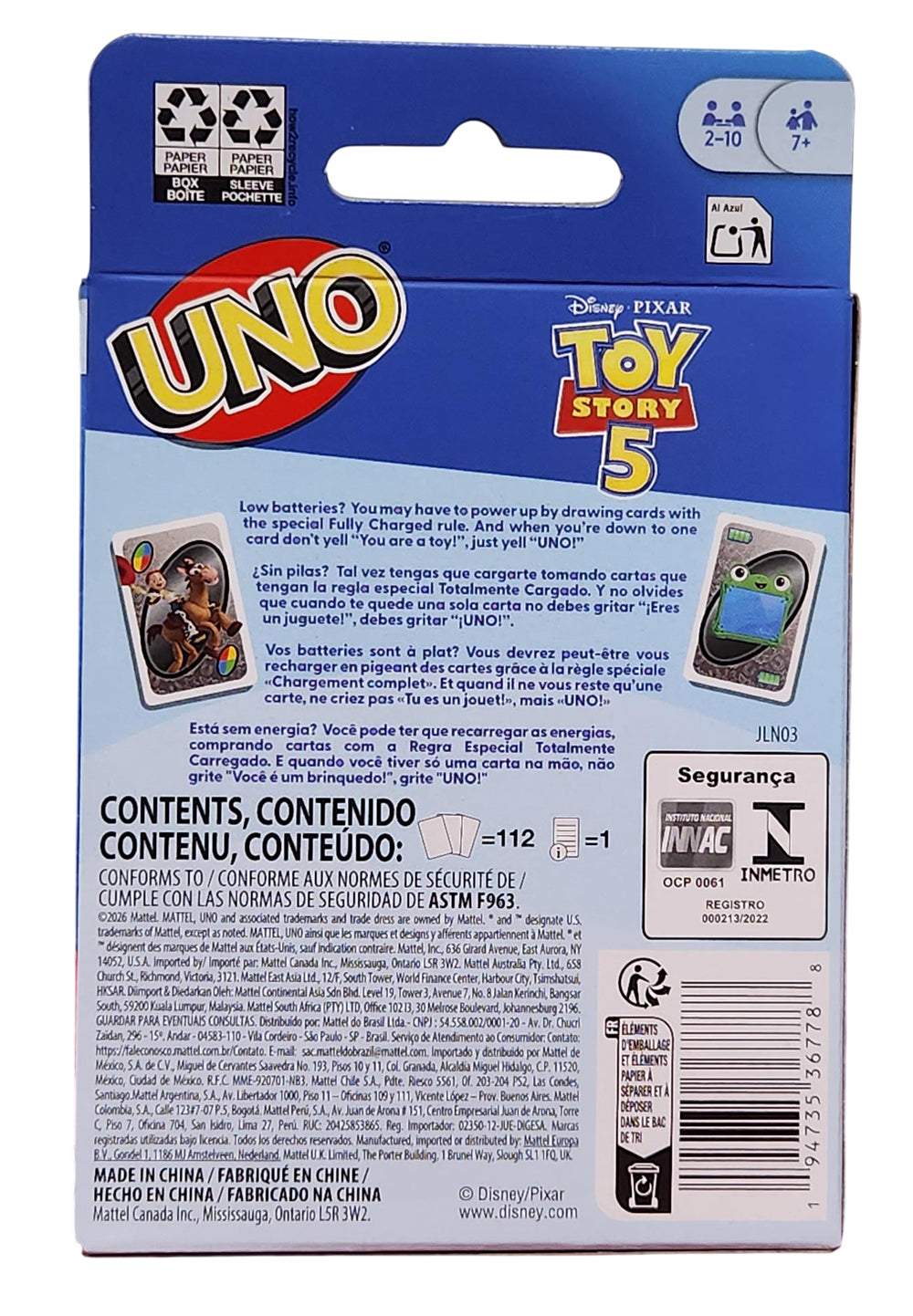 JEU DE CARTES UNO HISTOIRE DE JOUETS - Version multilingue