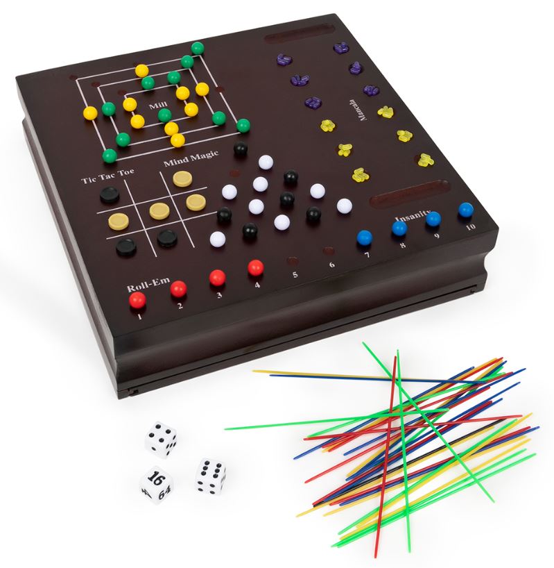 JEU BOÎTE DE BOIS - COFFRET DE 10 JEUX CLASSIQUE FAMILLE