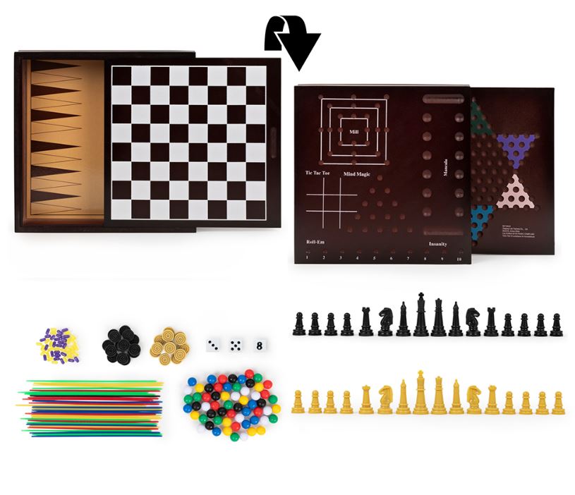 JEU BOÎTE DE BOIS - COFFRET DE 10 JEUX CLASSIQUE FAMILLE