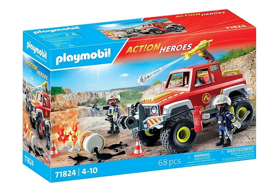 PLAYMOBIL ACTION HEROES - VÉHICULE DE POMPIERS AVEC BIDON ESSENCE ENFLAMMÉ #71824