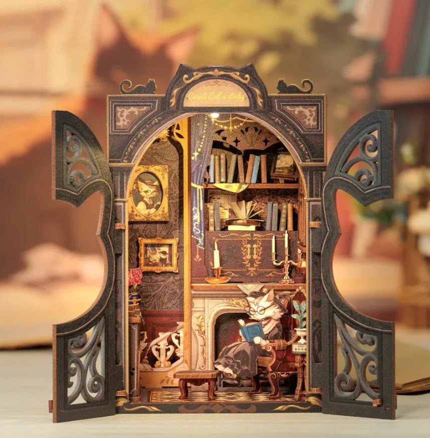 BOOK NOOK BRICOLAGE DIY -  LE BUREAU DU COMTE CHAT (INSERTION D'ÉTAGÈRE DE COIN DE LIVRE)
