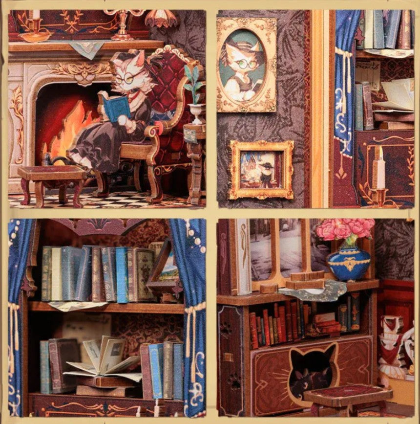 BOOK NOOK BRICOLAGE DIY -  LE BUREAU DU COMTE CHAT (INSERTION D'ÉTAGÈRE DE COIN DE LIVRE)