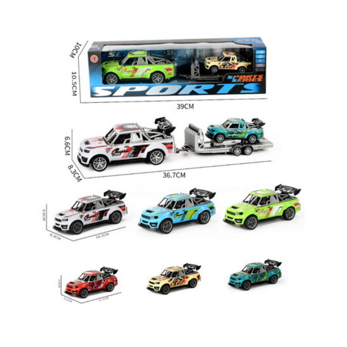 VOITURE DE COURSE À FRICTION AVEC REMORQUE, SONS ET LUMIÈRES 39 CM (16") ASST