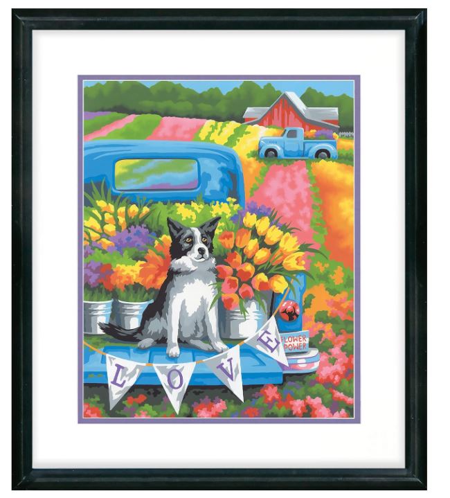 PEINTURE À NUMÉROS 14 X 11 - CHIEN POUVOIR DES FLEURS