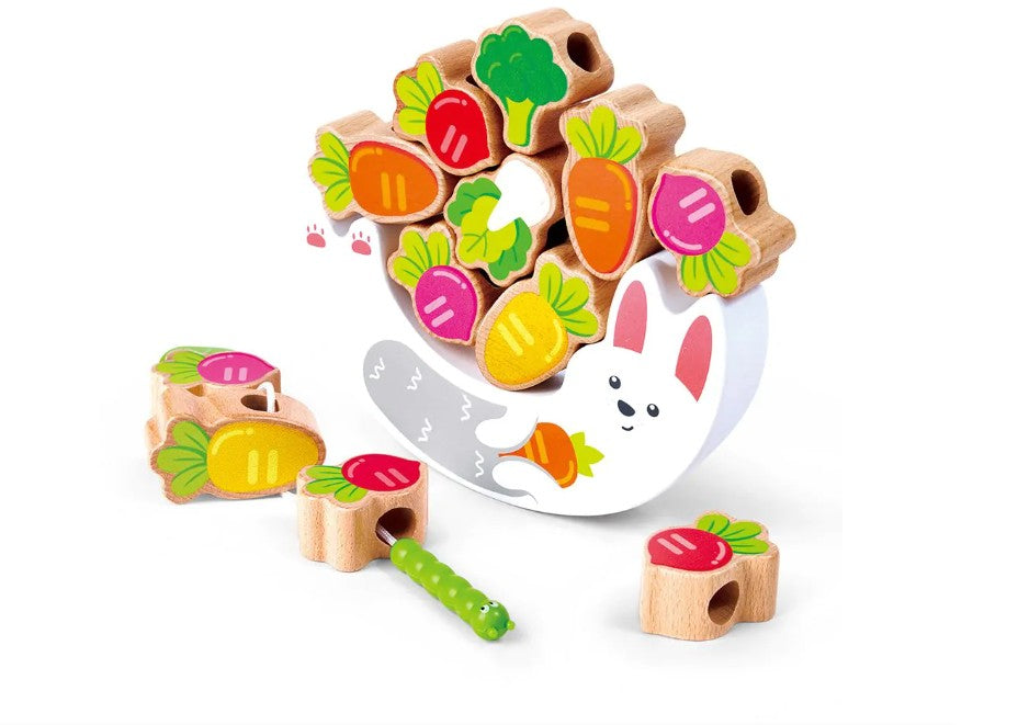 WOODEN RABBIT STACKING AND THREADING GAME