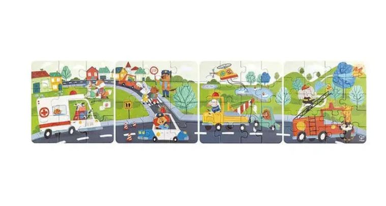 HAPE 4-IN-1 PROGRESSIVE PUZZLE - 9-12-16-20 PIECES - EMERGENCY VEHICLES #E1639