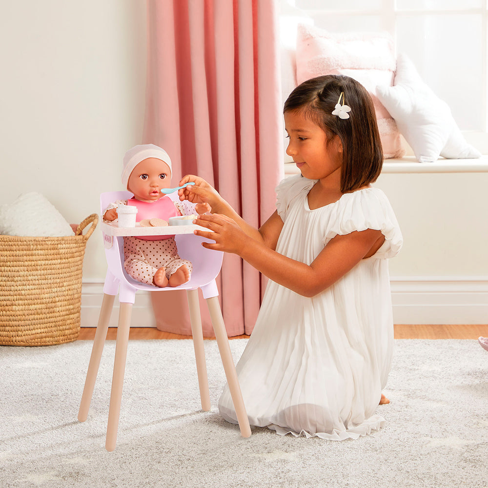 LULLABABY - CHAISE HAUTE ET ENSEMBLE D'ALIMENTATION POUR POUPÉE NOUVEAU-NÉE 35.5 CM