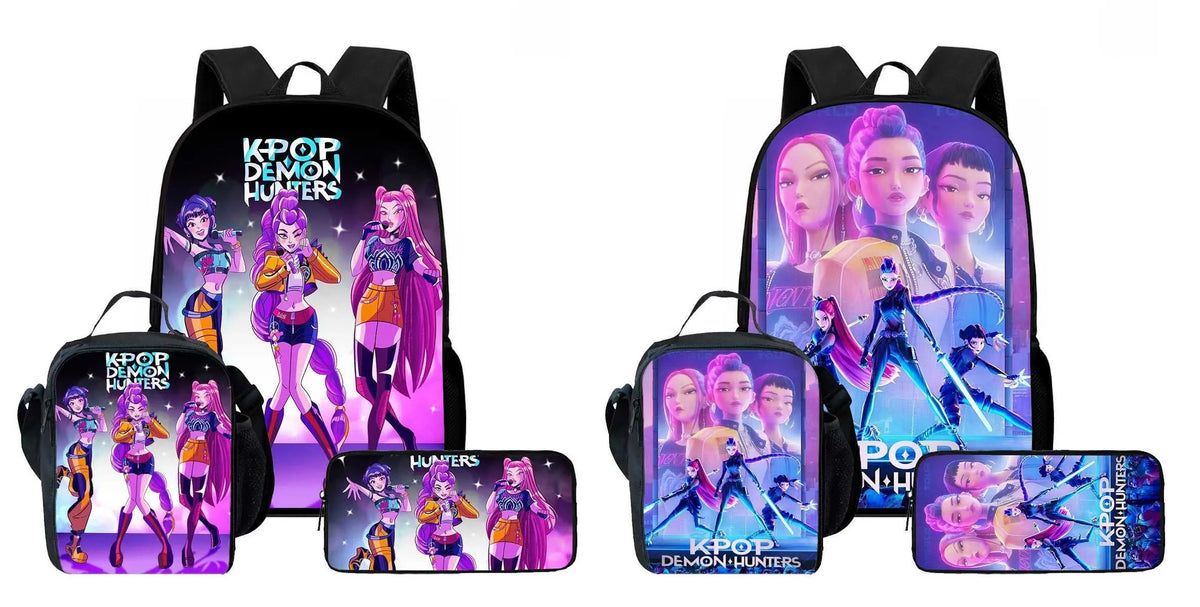 SAC À DOS AVEC BOITE À LUNCH ET TROUSSE - ENSEMBLE DE 3 PIÈCES KPOP DEMON HUNTERS (LES GUERRIÈRES DE LA K-POP) ASST