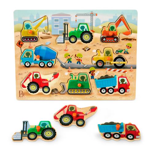 BATTAT WOODY - CASSE-TÊTE DE BOIS 8 PIÈCES - CAMIONS DE CONSTRUCTION "PEEK & EXPLORE"