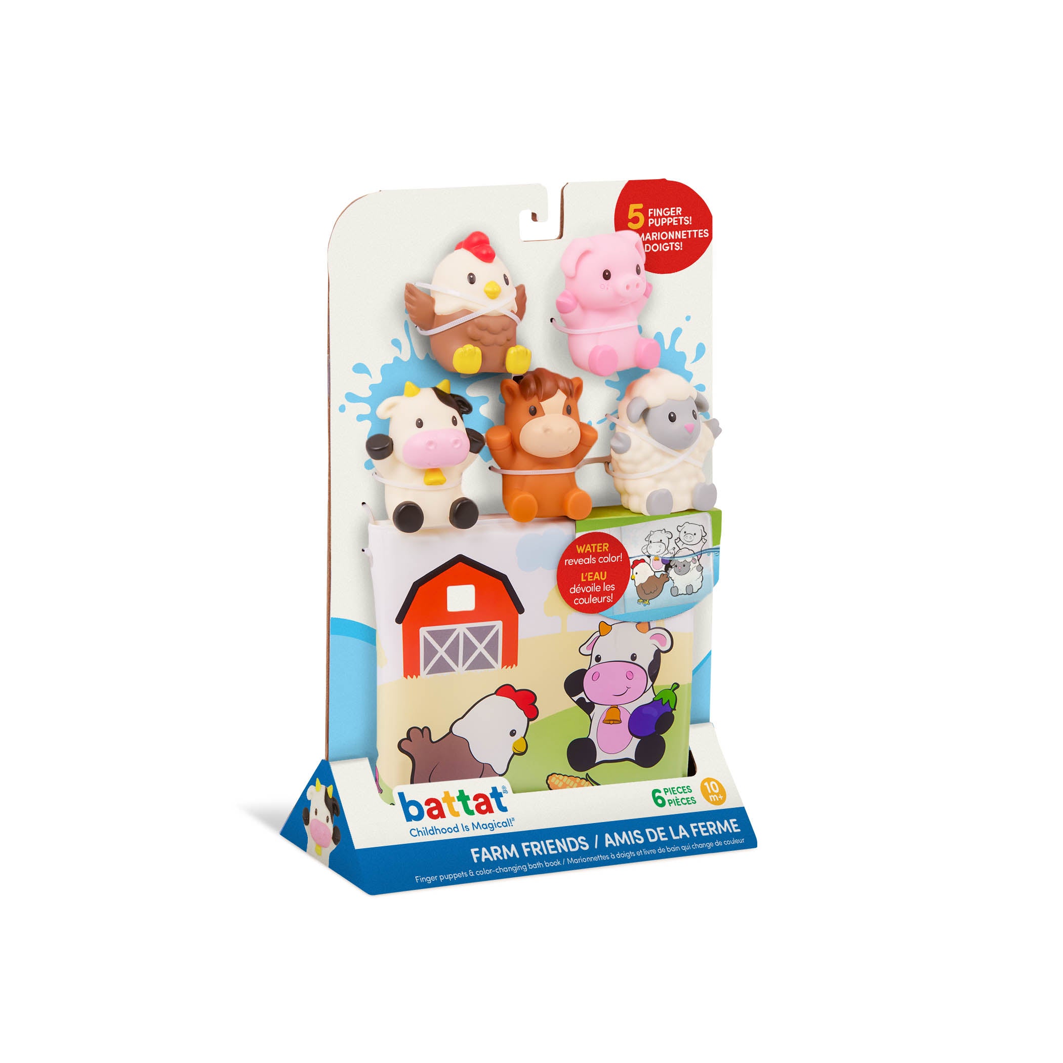 BATTAT - LIVRE DE BAIN AVEC COULEURS CHANGEANTES AVEC 5 MARIONNETTES À DOIGT ANIMAUX DE LA FERME "FARM FRIENDS"