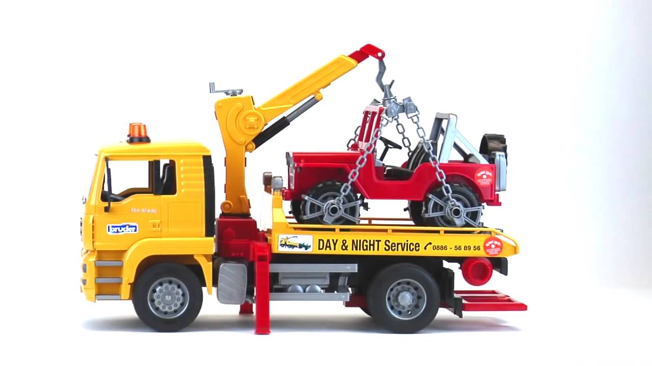 BRUDER - CAMION DE DÉPANNAGE MAN TGA JAUNE AVEC PORTIQUE ET JEEP ROUGE #02750