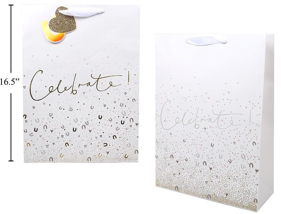 LARGE GIFT BAG - CELEBRATE WHITE GLITTER