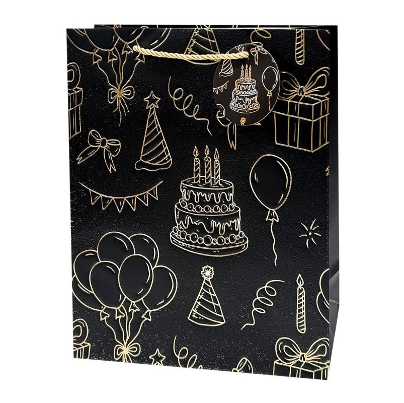 SAC CADEAU MOYEN - MOTIFS ANNIVERSAIRE FOND NOIR MAT