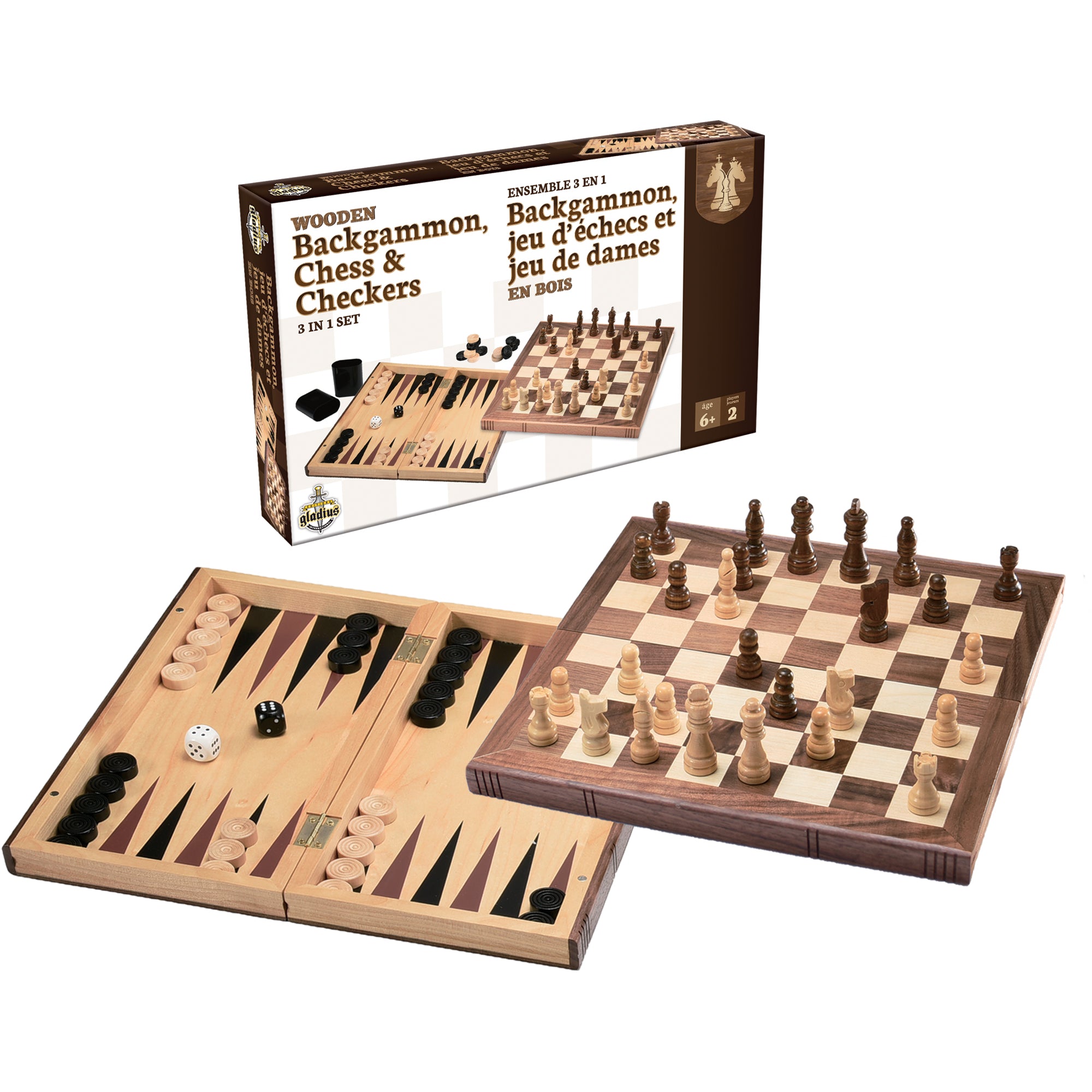 ENSEMBLE 3 EN 1 - BACKGAMMON, JEU D'ÉCHECS ET JEU DE DAMES EN BOIS