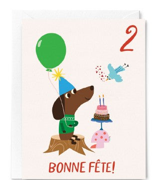 2 ANS - CARTE D'ANNIVERSAIRE - BONNE FÊTE! - PETIT CHIEN ET GÂTEAU D'ANNIVERSAIRE