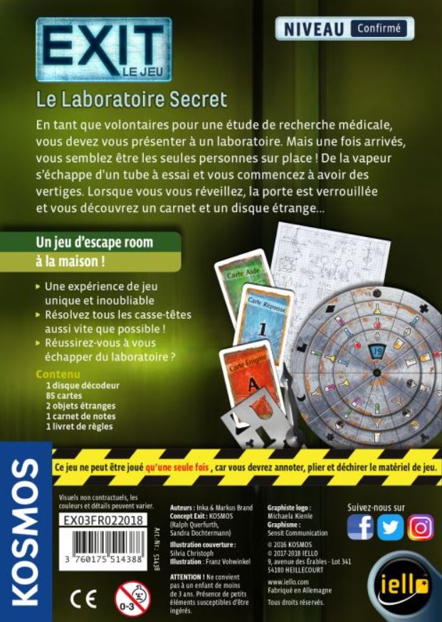 JEU EXIT - LE LABORATOIRE SECRET - NIVEAU CONFIRMÉ