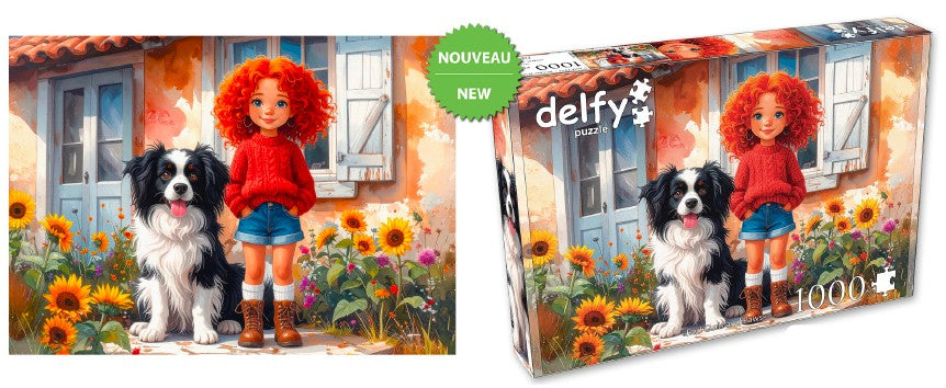 DELFY CASSE-TÊTE 1000 PIÈCES - LA FILLE AUX BOUCLES ROUSSES ET SON AMI À PATTES (RED CURLS AND PAWS) #DE-26018