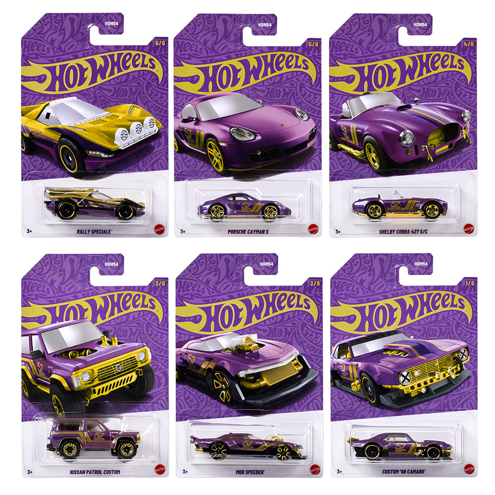 HOT WHEELS - VÉHICULE ANNIVERSAIRE MAUVE ET JAUNE 1:64 ASST