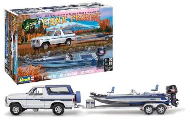 MODÈLE À COLLER - FORD BRONCO 1980 AVEC BATEAU ET REMORQUE (PÊCHE À LA LIGNE) 1:24 NIVEAU 5