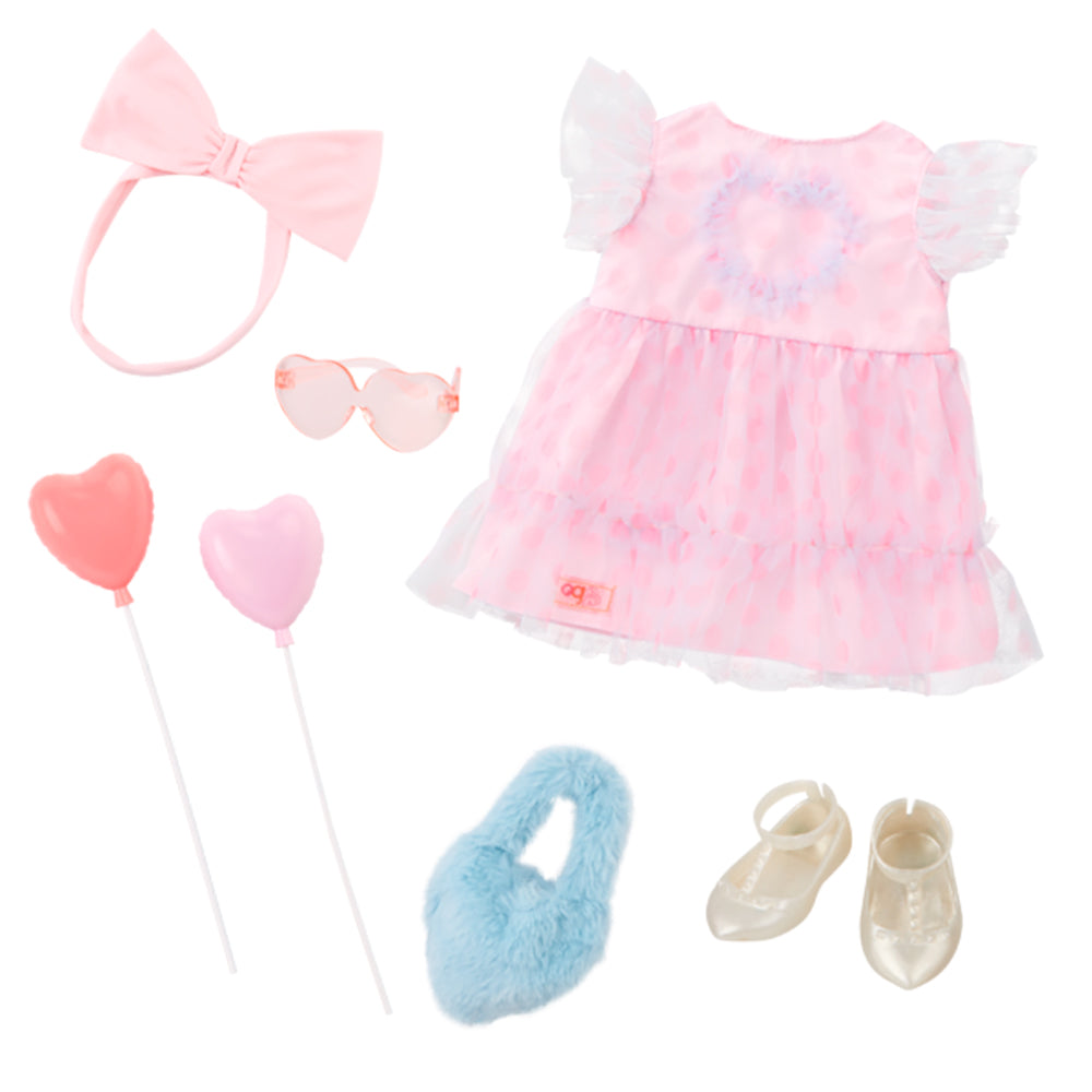 ENSEMBLE VÊTEMENTS OG DE LUXE - "ALL HEART" - ROBE À CŒUR AVEC ACCESSOIRES POUR POUPÉE DE 46 CM