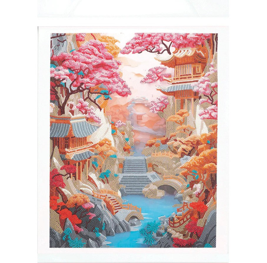 CRYSTAL ART - PAYSAGE JAPONAIS CERISIERS EN FLEURS 35CM X 45CM - DIAMOND DOTZ (KIT DE PARCHEMIN)