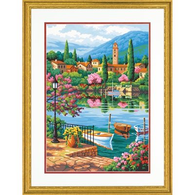 PEINTURE À NUMÉROS VILLAGE AVEC LAC 14X20'' (GRANDE)