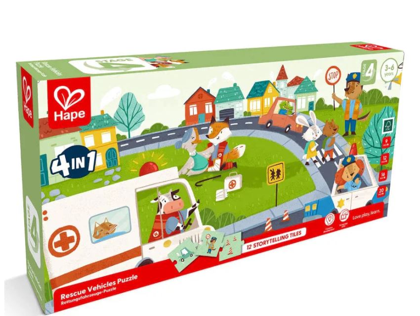 HAPE 4-IN-1 PROGRESSIVE PUZZLE - 9-12-16-20 PIECES - EMERGENCY VEHICLES #E1639