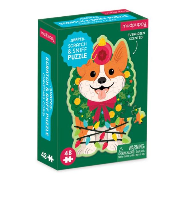 MUDPUPPY CASSE-TÊTE 48 PIÈCES SILHOUETTE - CORGI DE NOËL (SCRATCH AND SNIF)