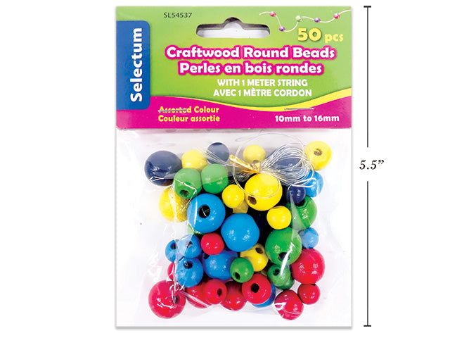 ROUND WOODEN BEADS - 50 PIECES ASST