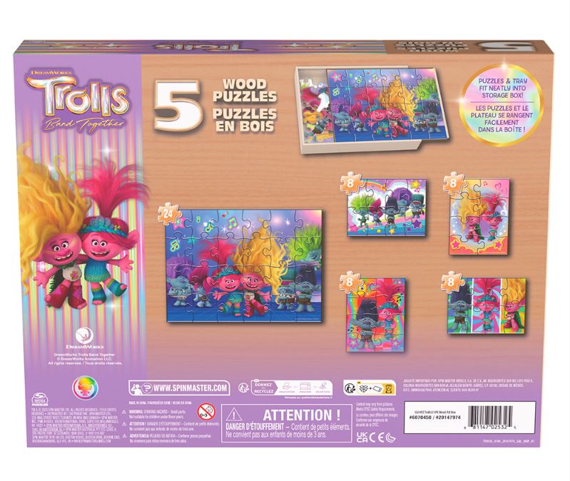 SPINMASTER 5-IN-1 WOODEN PUZZLE 8 AND 24 PIECES - TROLLS #6070458