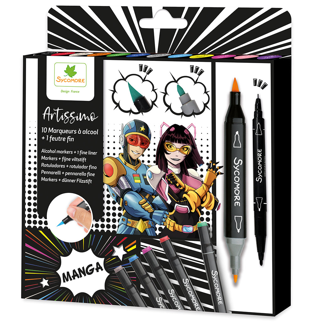 SYCOMORE ARTISSIMO - 10 MARQUEURS DOUBLE POINTES À ALCOOL MANGA + 1 FEUTRE FIN