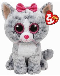 TY BEANIE BOOS PLUSH - KIKI GREY CAT WITH PINK BOW MEDIUM 13"