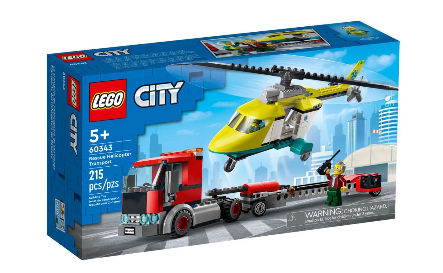 LEGO 60343 City Great Vehicles Le Transport de L'Hélicoptere de Secours,  Camion Jouet Cadeau pour les Enfants des 5 Ans